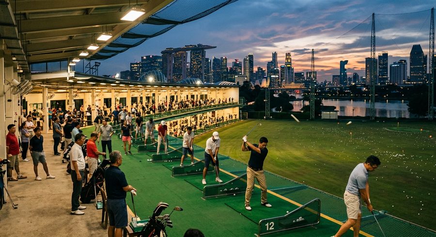 Marina Bay Golf Course driving range at dusk with city lights visible in the background