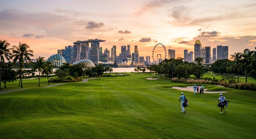 Marina Bay Golf Course fairway with Singapore city skyline in the background at golden hour