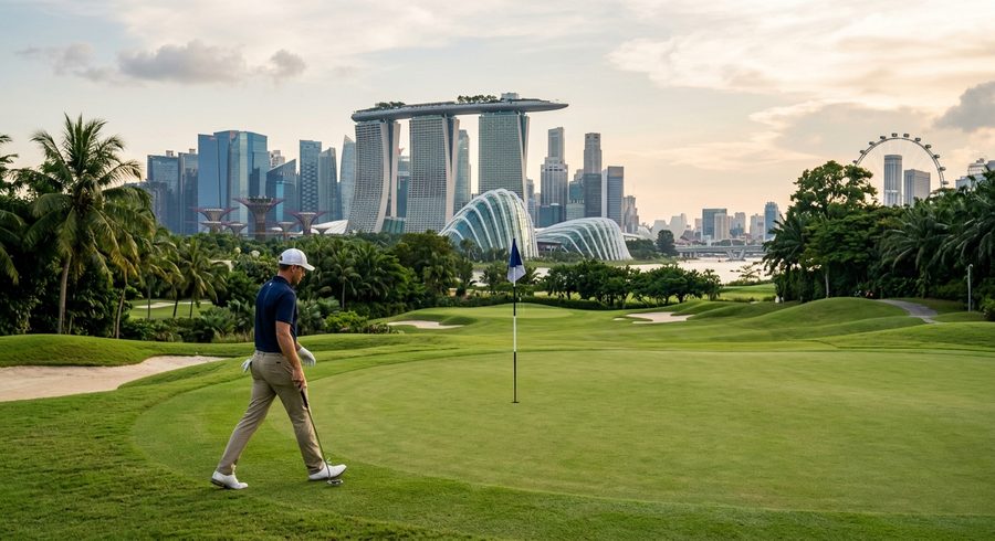 Approach to the green at Marina Bay Golf Course with the Singapore skyline behind the flag
