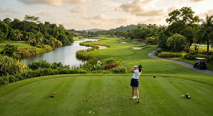 Tee box of the long par 6 at Marina Bay Golf Course, looking down the expansive fairway