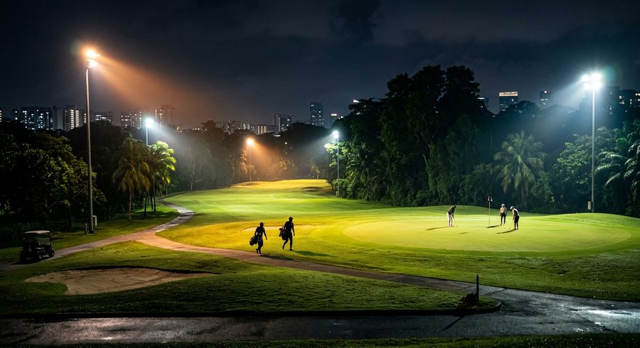 Night golf under floodlights at Marina Bay Golf Course — one of the course's most distinctive features