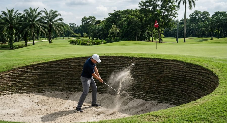 Pot bunker at Marina Bay Golf Course — the deep sand traps that guarded the greens